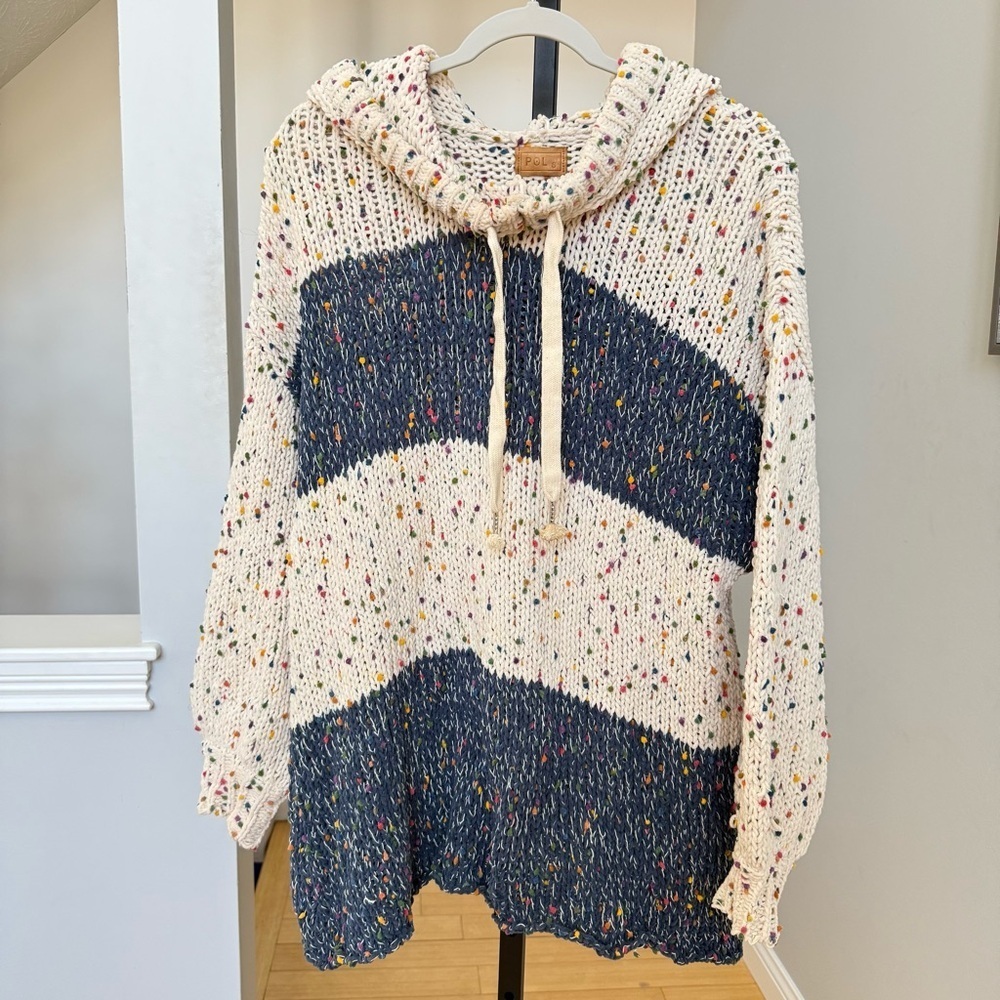 POL Cozy Multicolor Knit Women's Sweater, Blue/Cream, Size Small